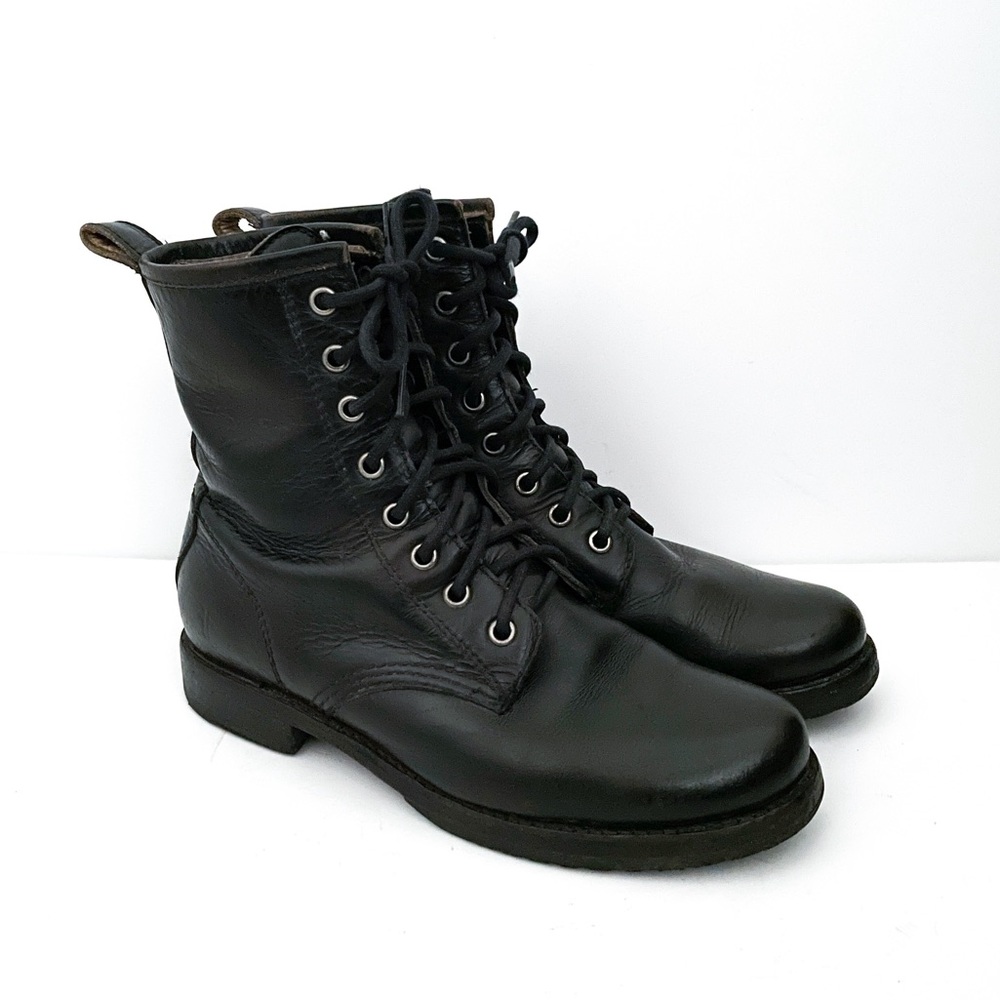 Frye Veronica Black Leather Lace Up Combat Boots